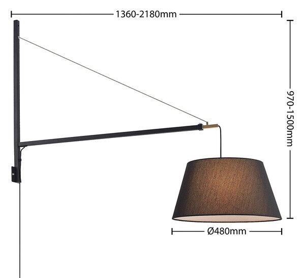 Lucande fali lámpa Beleza, magasság 150 cm, kihúzható, textil, Fekete, Nappali / Étkező, Alumínium, Modern