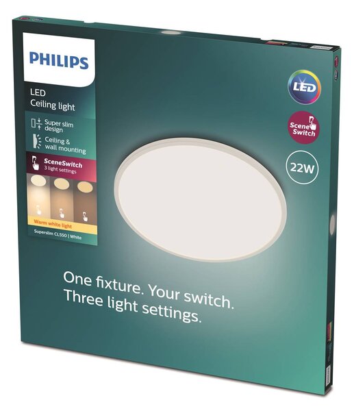 Philips SuperSlim mennyezeti lámpa, 2 700 K, Ø42 cm, fehér, dimmelhető, Fehér / opál, Dolgozószoba / Iroda, fém