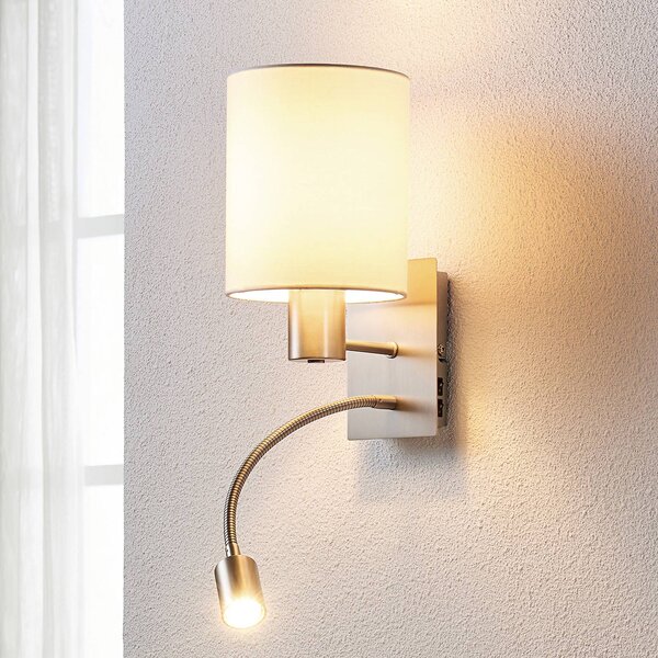 Lindby fali lámpa Shajan, 2 db, 29cm, E27, LED-es olvasólámpa, Fehér / opál, Nappali / Étkező, Textil / szövet / selyem, Modern