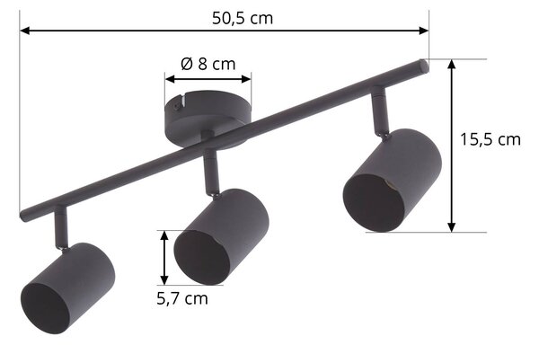 Lindby mennyezeti spotlámpa Jorell, fekete, 51 cm, 3-lámpás, GU10, dimmelhető, Fekete, Dolgozószoba / Iroda, fém, Modern