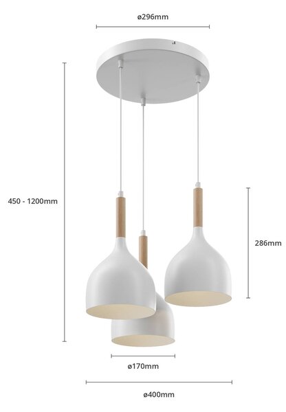 Luminex Noak lógó világítás, 3 izzós, kerek, fehér/természetes fa, dimmelhető, Fehér / opál, Nappali / Étkező, fém, Modern