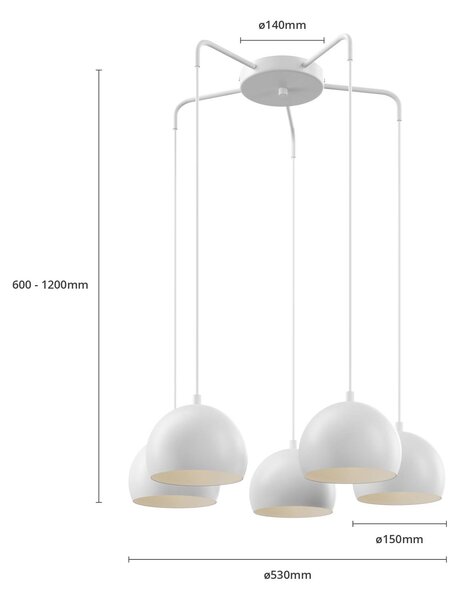 Luminex Sool lógó lámpa, fehér, Ø 53 cm, 5 izzós, fém, E27, dimmelhető, Fehér / opál, Nappali / Étkező, fém