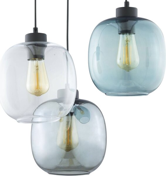 TK Lighting Elio függőlámpa, üveg, kék/tiszta/szürke, Ø 52 cm, 3 lámpás, dimmelhető, Tiszta / átlátszó, Nappali / Étkező, Üveg, Modern