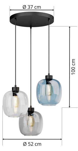 TK Lighting Elio függőlámpa, üveg, kék/tiszta/szürke, Ø 52 cm, 3 lámpás, dimmelhető, Tiszta / átlátszó, Nappali / Étkező, Üveg, Modern