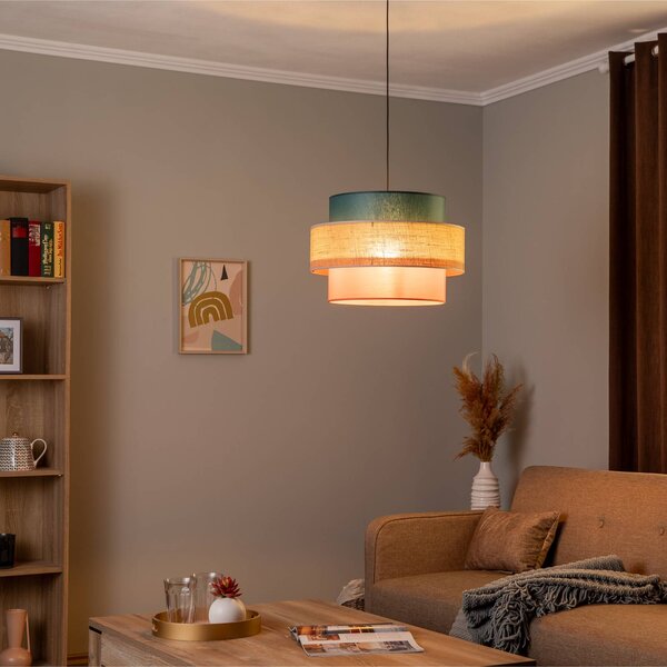 TK Lighting Trio függőlámpa, juta ernyő, petrol/természetes barna/narancs Ø 50cm, dimmelhető, Többszínű, Nappali / Étkező, Textil / szövet / selyem