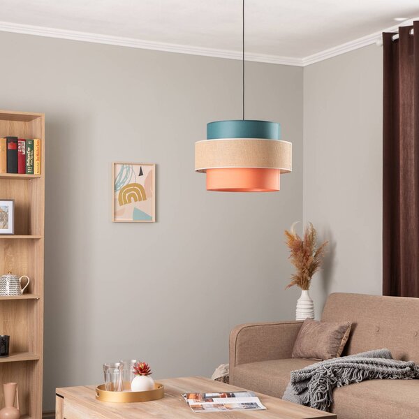 TK Lighting Trio függőlámpa, juta ernyő, petrol/természetes barna/narancs Ø 50cm, dimmelhető, Többszínű, Nappali / Étkező, Textil / szövet / selyem