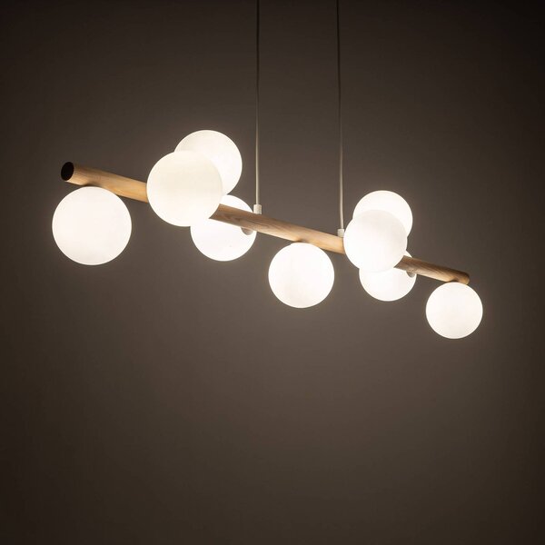 TK Lighting Estera függőlámpa, opál üveg, fa, kilenc lámpa, dimmelhető, Világos fa, Nappali / Étkező, Üveg