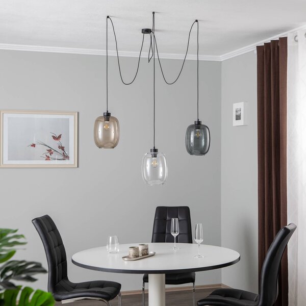 TK Lighting Elio függőlámpa, üveg, barna/tiszta/szürke, 3 lámpás, decentralizált, dimmelhető, Tiszta / átlátszó, Nappali / Étkező, Üveg, Modern