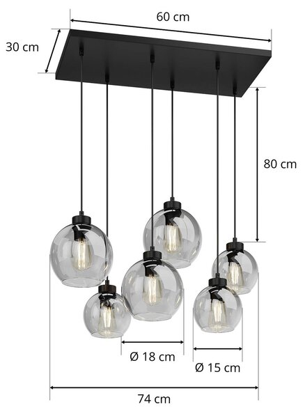 TK Lighting Cubus függőlámpa, füstszürke, üveg, 74 cm hosszú, 6 lámpás, dimmelhető, Fekete, Nappali / Étkező, Üveg, Modern