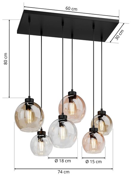 TK Lighting Cubus függőlámpa, 74 cm, 6 lámpás, átlátszó/méz/barna, üveg, dimmelhető, Tiszta / átlátszó, Nappali / Étkező, Üveg, Modern