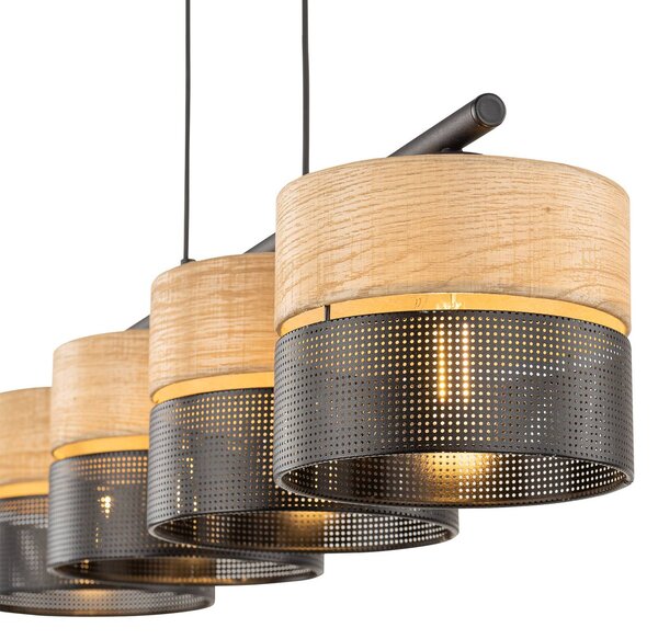 TK Lighting Nicol függőlámpa, fekete/fahatású, 94x20 cm 4 lámpás x E27, dimmelhető, Világos fa, Nappali / Étkező, Modern