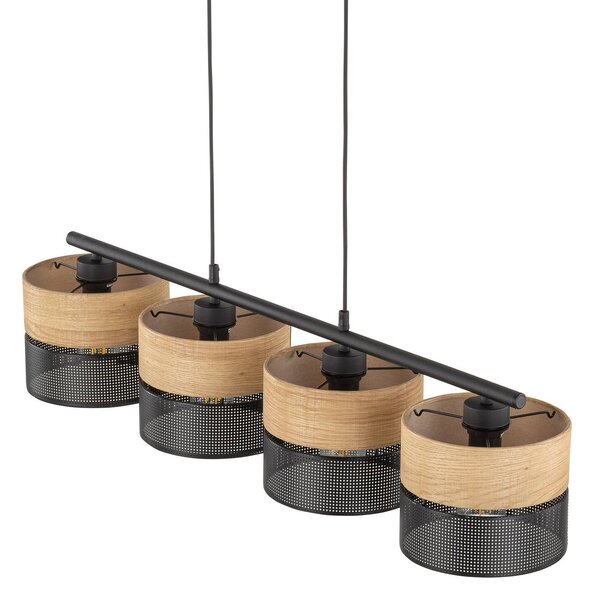 TK Lighting Nicol függőlámpa, fekete/fahatású, 94x20 cm 4 lámpás x E27, dimmelhető, Világos fa, Nappali / Étkező, Modern