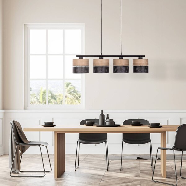 TK Lighting Nicol függőlámpa, fekete/fahatású, 94x20 cm 4 lámpás x E27, dimmelhető, Világos fa, Nappali / Étkező, Modern