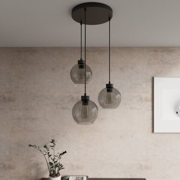 TK Lighting Cubus függőlámpa, Ø 50 cm, 3-lámpás, füstszürke, üveg, dimmelhető, Fekete, Nappali / Étkező, Üveg, Modern