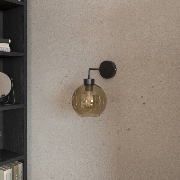 TK Lighting Cubus fali világítás, fekete/borostyán, üveg, Ø 18 cm, E27, dimmelhető, Tiszta / átlátszó, Nappali / Étkező, Üveg, Modern