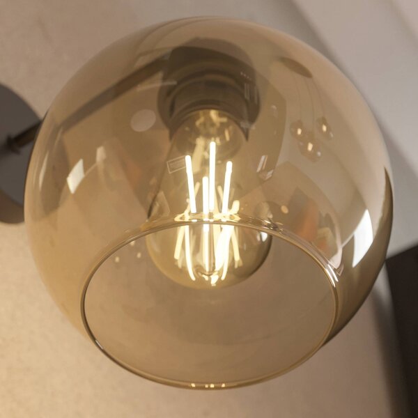 TK Lighting Cubus fali világítás, fekete/borostyán, üveg, Ø 18 cm, E27, dimmelhető, Tiszta / átlátszó, Nappali / Étkező, Üveg, Modern