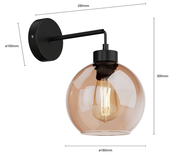 TK Lighting Cubus fali világítás, fekete/borostyán, üveg, Ø 18 cm, E27, dimmelhető, Tiszta / átlátszó, Nappali / Étkező, Üveg, Modern