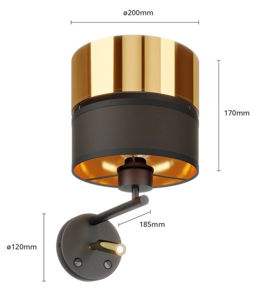 TK Lighting Hilton fali világítás fekete/arany LED olvasólámpával, Fekete, Nappali / Étkező, fém, Modern