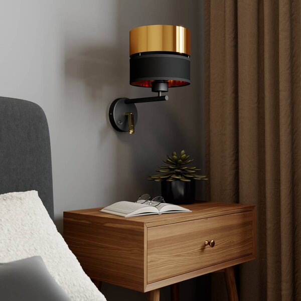 TK Lighting Hilton fali világítás fekete/arany LED olvasólámpával, Fekete, Nappali / Étkező, fém, Modern