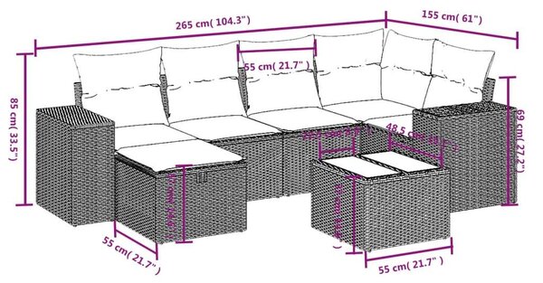 Polyrattan Kerti Ülőgarnitúra - 7 részes - Bézs