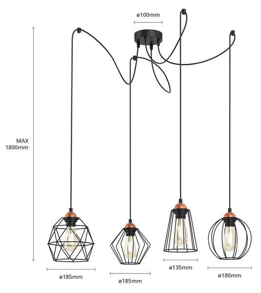 TK Lighting Galaxy lógó világítás négy ketrecbúra, dimmelhető, Fekete, Nappali / Étkező, fém, Modern