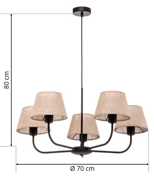 TK Lighting Chicago csillár, vászon árnyékoló, 5 izzós, dimmelhető, Krém / borostyánsárga, Nappali / Étkező, Textil / szövet / selyem