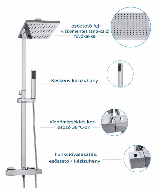 Gamma Cube BCEZNT-CH Termosztátos Zuhanyszett - Esőztetős, Szögletes Zuhanyfejjel, Króm