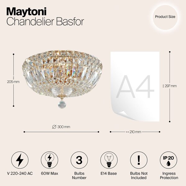 Maytoni Basfor mennyezeti lámpa, arany színű, Ø 30 cm, 3 x E14, dimmelhető, Tiszta / átlátszó, Nappali / Étkező
