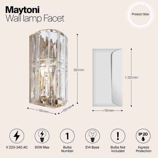 Maytoni Facet fali lámpa, 25 cm magas, arany színű, üveg, E14, dimmelhető, Sárgaréz / arany, Folyosó, Üveg