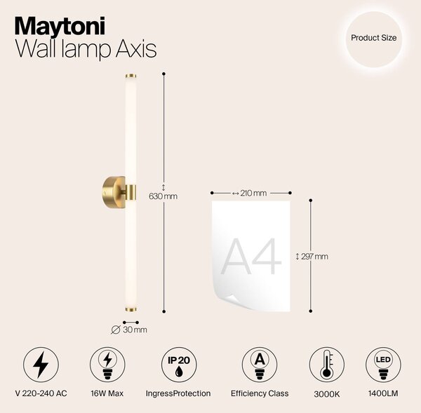 Maytoni LED fali lámpa Axis, arany színű, magasság 63 cm, Sárgaréz / arany, Nappali / Étkező, Alumínium, Modern