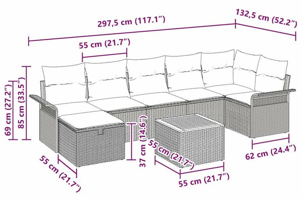 Kerti Kanapé Szett 8 pcs Bézs polirattan