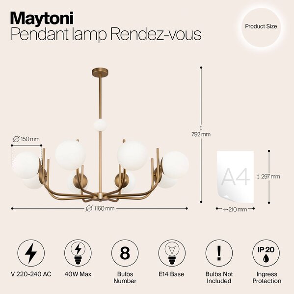 Maytoni függőlámpa Rendez-vous, 8-light, sárgaréz színű, dimmelhető, Sárgaréz / arany, Nappali / Étkező, fém