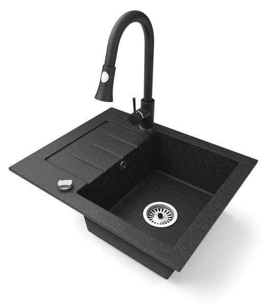 Gránit mosogatótálca NERO Monza + kihúzható zuhanyfejes Snake csaptelep + dugókiemelő (fekete)