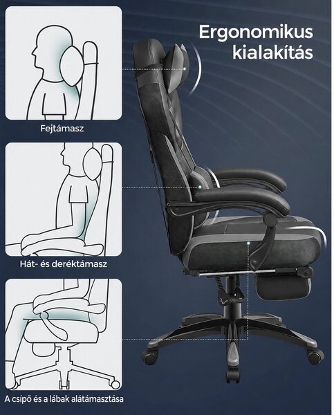 Irodai szék lábtartóval, állítható fejtámla, deréktámasz