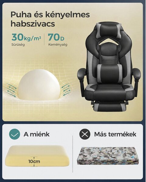 Irodai szék lábtartóval, állítható fejtámla, deréktámasz