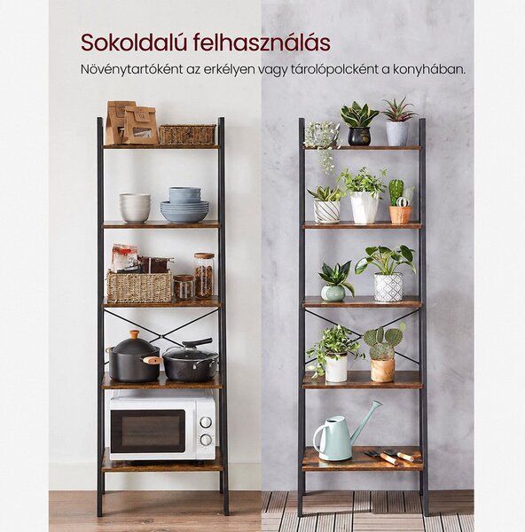 VASAGLE ALINRU 5 szintes létrapolc fémvázzal, 56 × 34 × 172 cm, rusztikus barna-fekete