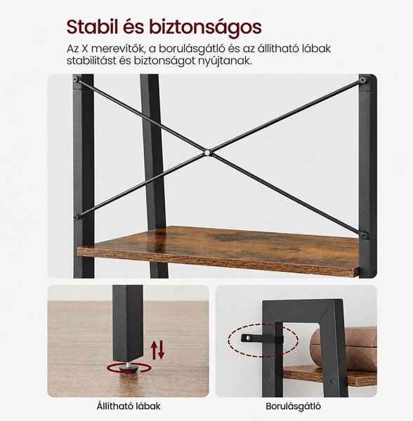 VASAGLE ALINRU 5 szintes létrapolc fémvázzal, 56 × 34 × 172 cm, rusztikus barna-fekete