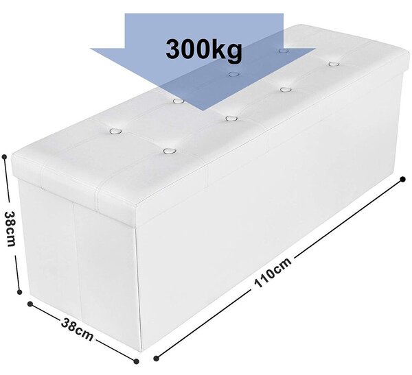 Puff 38 x 110 x 38 cm, műbőr összecsukható tároló ottomán pad, fehér