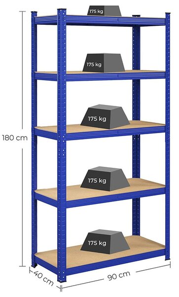 Fém polc 5 szintes, 875 kg teherbírással, 90 x 40 x 180 cm, kék