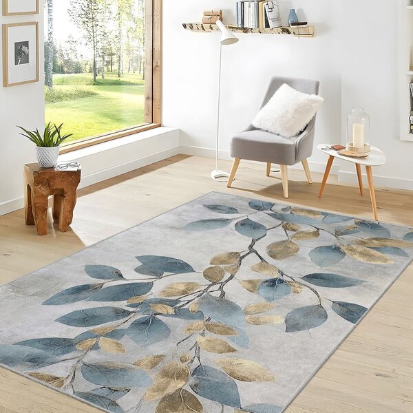 Világoskék-aranyszínű mosható szőnyeg 80x150 cm Golden Leaves – Mila Home