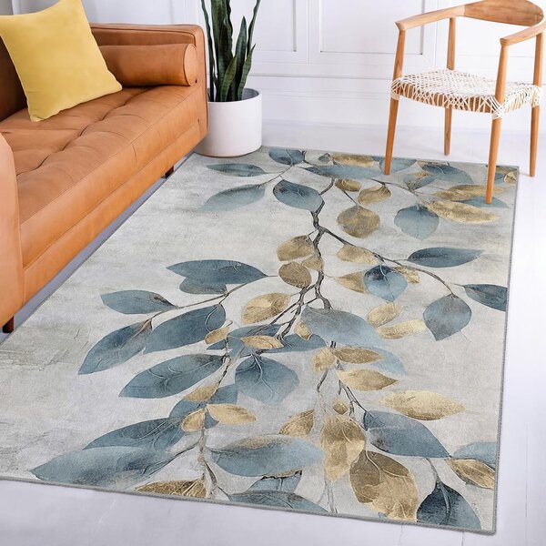 Világoskék-aranyszínű mosható szőnyeg 80x150 cm Golden Leaves – Mila Home