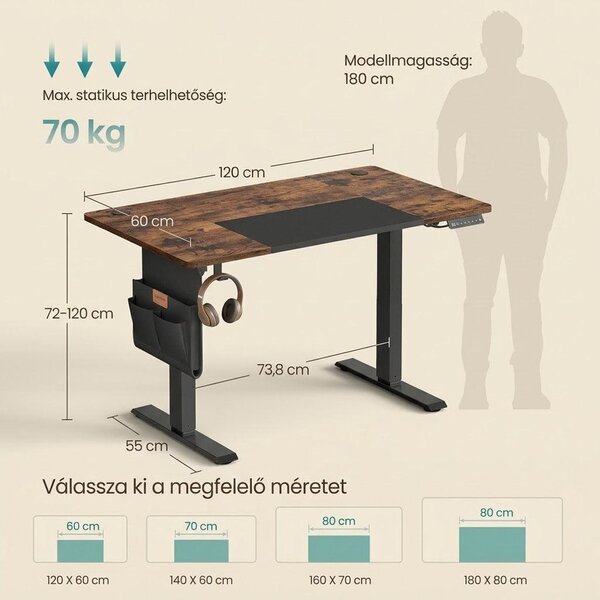 Állítható magasságú elektromos íróasztal memória funkcióval 120x60 cm, vintage barna/alapfekete