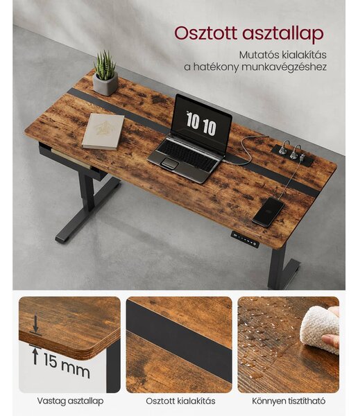 Elektromos magasságállítható íróasztal 140 × 60 cm, konnektorokkal és USB-portokkal, vintage barna-fekete