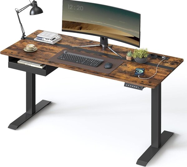 Elektromos magasságállítható íróasztal 140 × 60 cm, konnektorokkal és USB-portokkal, vintage barna-fekete