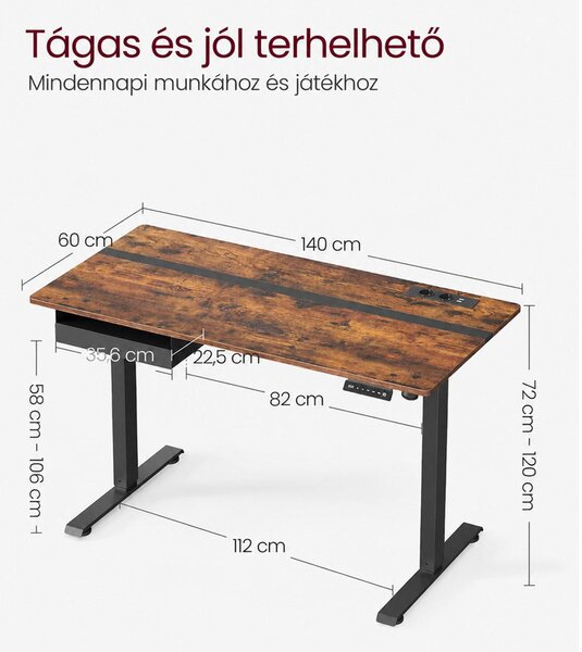 Elektromos magasságállítható íróasztal 140 × 60 cm, konnektorokkal és USB-portokkal, vintage barna-fekete