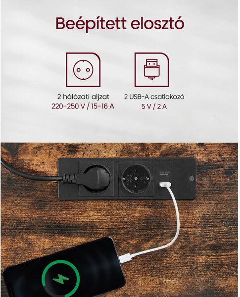 Elektromos magasságállítható íróasztal 140 × 60 cm, konnektorokkal és USB-portokkal, vintage barna-fekete