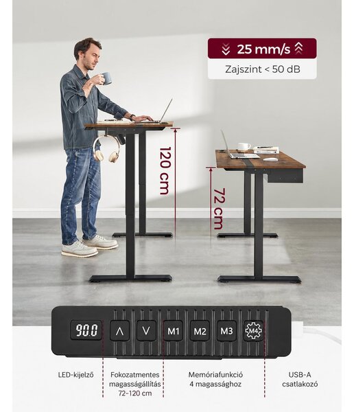 Elektromos magasságállítható íróasztal 140 × 60 cm, konnektorokkal és USB-portokkal, vintage barna-fekete
