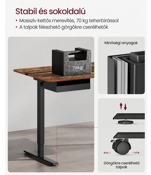 Elektromos magasságállítható íróasztal 140 × 60 cm, konnektorokkal és USB-portokkal, vintage barna-fekete