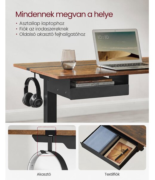 Elektromos magasságállítható íróasztal 140 × 60 cm, konnektorokkal és USB-portokkal, vintage barna-fekete