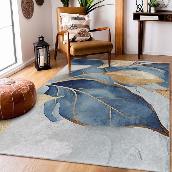 Kék-aranyszínű mosható szőnyeg 80x150 cm Golden Leaves – Mila Home
